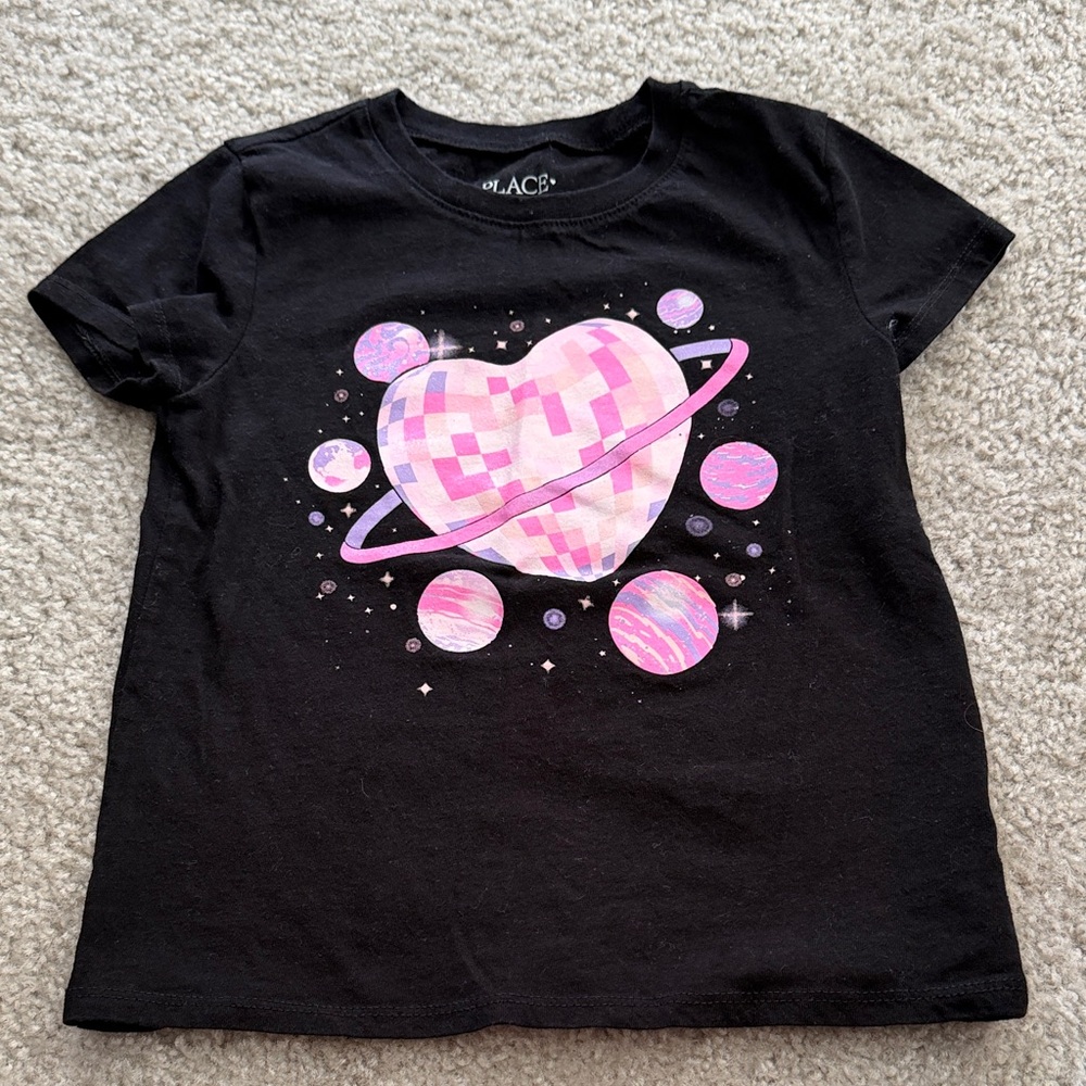 Place Black Tee with Pink Planetary Heart Design